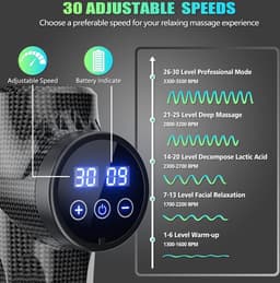 Massagepistool, diepweefselmassagepistool voor rug, nek en schouder, 30 snelheden stil spiermassagepistool met 10 massagekoppen, handheld krachtige stimulator voor spierpijnverlichting, koolstof — thumbnail 3