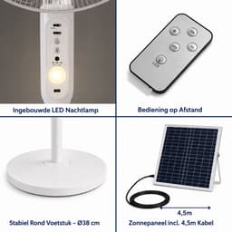 Zonne-energie Staande Ventilator – 120-133 cm – Zonnepaneel & Accu – 3 Snelheden – Wit - Met afstandsbediening - Ingebouwde nachtlamp — thumbnail 2