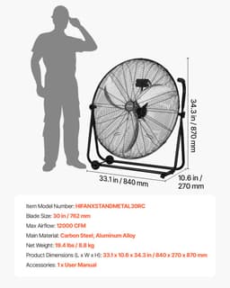 VEVOR Vloerventilator Ø762mm, 360° Kantelbare Windmachine, Staande Ventilator met 3 Snelheidsstanden, Draagbare Trommelventilator met Handvat, Wielen & 1,6m Kabel, Industriële Ventilator voor Garage Magazijn — thumbnail 3