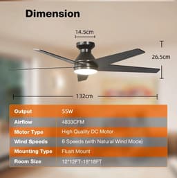 Plafondventilator Ø132 cm - 3 Temperaturen - Fluisterstil - Met Afstandsbediening - 6 Snelheden - Timer - Zomer/Winter functie - Zwart - 48W — thumbnail 5