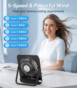Tafelventilator Stil – USB Ventilator Zonder Accu – 5 Snelheden – 180° Verstelbaar – Zwart — thumbnail 3