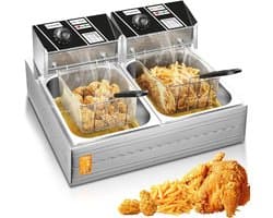 Elektrische Friteuse - Frituurpan Dubbel - Frietjes Bakken - Dubbele Mand - 11 L - Zilver