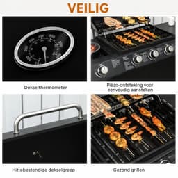 Miryx Gasbarbecue - Grillwagen - Gasgrill - met 4 Branders en 1 Zijbrander, Drukregelaar en Slangen - 110x50x100 cm - Zwart — thumbnail 4