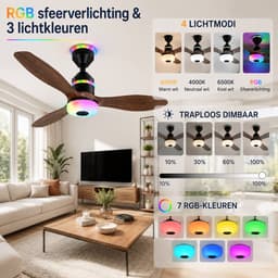 MUPOO Modern Houtlook Plafondventilator met Lamp Ø61cm- Bluetooth Speaker & plafonventilator afstandsbediening-RGB ventilator lamp plafond met 3 Snelheden & Slaapmodus - plafondventilator slaapkamer Woonkamer gamekamer — thumbnail 4