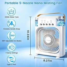 Draagbare airconditioner met ventilator, mini-verdampingskoeler met 5 sproeimondstukken, 3 windsnelheden, 3 timers, 7 kleuren LED-verlichting, 600 ml persoonlijke airconditioner/ventilator voor slaapkamer, kantoor en camping (wit) — thumbnail 5