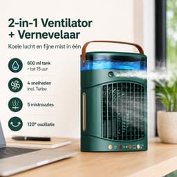 VHV - Ventilatoren - Luchtkoeler - Aircooler - Mobiele luchtkoeler - Torenventilator - Verkoeling - Bladloze ventilator - Oscillerend - Met watervernevelaar - Oplaadbaar - Voor bureau en kantoor - Groen — thumbnail 5