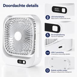 VHV - Bureauventilator - Oplaadbare mini ventilator met LED-display - 3 standen en 360° draaibaar - Wit — thumbnail 3