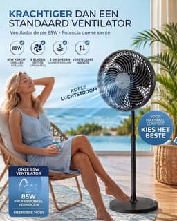 Krachtige Ventilator - Statiefventilator - Tafelventilator- 85W - 25CM - 3 Snelheden - Zwart — thumbnail 1