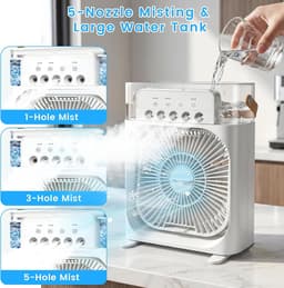 Persoonlijke Aircooler, Mini verdampings‑bureaukoeler met 5 sproeiers, 3‑snelheden & 3 timers, 7‑kleuren LED, 600ML voor kamperen slaapkamer kantoor (Wit) — thumbnail 5