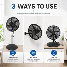 Bresht 3-in-1 Ventilator - 75W - Staand, Tafel- en Wandmodel - Drie instelbare snelheden - Zwart - Ø 50 cm - Tot 130 cm hoog — thumbnail 4