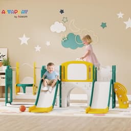 Kinderglijbaan 9-in-1 peuterglijbaan met basketbalmand, 2 glijbaan, klimrek, schommel, tunnel, verrekijker, scheurplank, kikkermotief en opbergdoos enz., voor binnen en buiten, voor 1-3 jaar — thumbnail 5