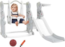 Rutsche 4-in-1 Kinderrutsche mit Schaukel, Klettergerüst, Basketballkorb, Kinder Spielplatz mit Hasendesign Kleinkinderrutsche für Indoor und Outdoor Kinder von 1,5-4 Jahren Grau — thumbnail 1