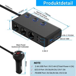 SnelShoppen - PD 30W Sigarettenaansteker Splitter Auto 200W met 3 Stopcontacten, 4 USB Oplaadpoorten, LED Voltmeter voor Mobiele Telefoon, GPS, DashCa — thumbnail 2