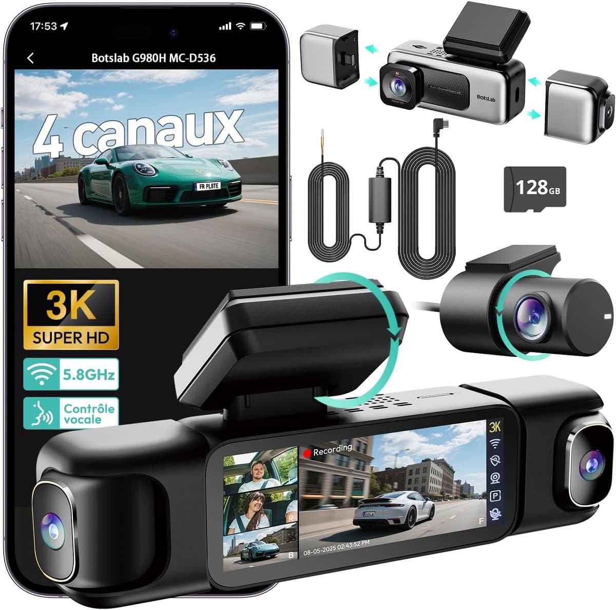 SnelShoppen - 4-Kanaals Dashcam met Parkeerbewaking, 360° Beeld, GPS, 5.8 GHz Wifi, 3.18-inch IPS-scherm, Super Nachtzicht, WDR, G-sensor, Loop-opname — afbeelding 1