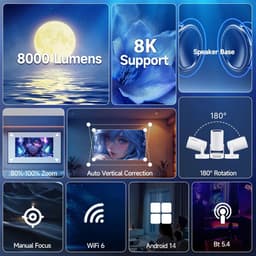 LabelOne Beamer - Projector - Mini Beamer - 8000 lumen - 8K - draagbaar - 180° rotatie - speaker - afstandsbediening - wit — thumbnail 2