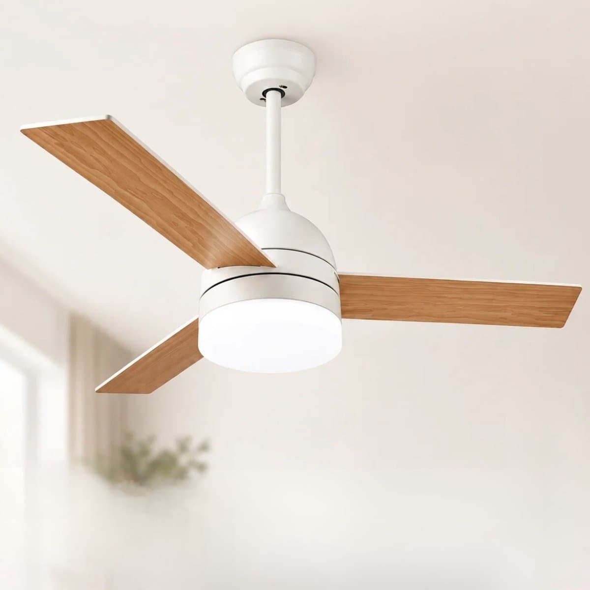 Plafondlamp - Met Ventilator - Plafondventilator - Met Afstandsbediening - 6 Standen - Stille Ventilator - Dimbaar - Winter en Zomer Modus - Wit - Bamboe — afbeelding 1