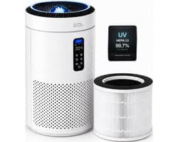 BLANC SQUARE Luchtreiniger Air Purifier PRO XL - UV Desinfectie HEPA 13 + Koolstoffilter - CADR 400m³/h 100m² - Filtert Pollen, Geurtjes en Stof - Automatisch + 3 Standen - Clean Air Slaapkamer stand - incl Luchtkwaliteitsindicator