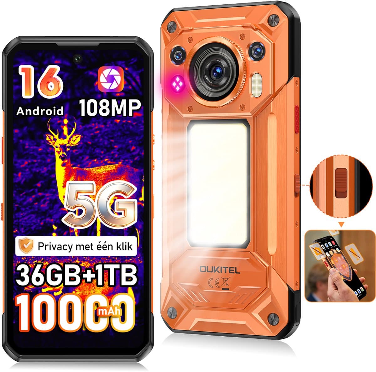 Robuuste smartphone - OUKITEL WP500 Ultra - 6,78'' FHD+ scherm - 32GB RAM - 1TB ROM - 10000 mAh 45W - 5G Dual SIM - warmtebeeldcamera - NFC GPS 2026 nieuw - Oranje — afbeelding 1