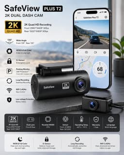 SafeView T2 Dashcam voor Auto | 2K Quad HD | Voor- & Achtercamera | WiFi | 32GB Micro SD-kaart Inclusief | Parkeermodus | Botsingsdetectie | Nachtzicht — thumbnail 5