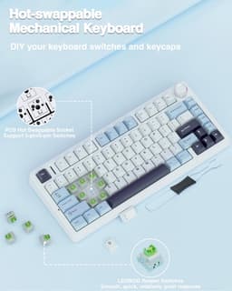 AULA F75 75% Draadloos Mechanisch Gaming Toetsenbord - Hot-swapbaar met Boterzacht Gevoel - Vooraf Gesmeerde Reaper Switches - 2.4GHz/Type-C/BT5.0 - RGB Achterverlichting - Wit & Blauw — thumbnail 4