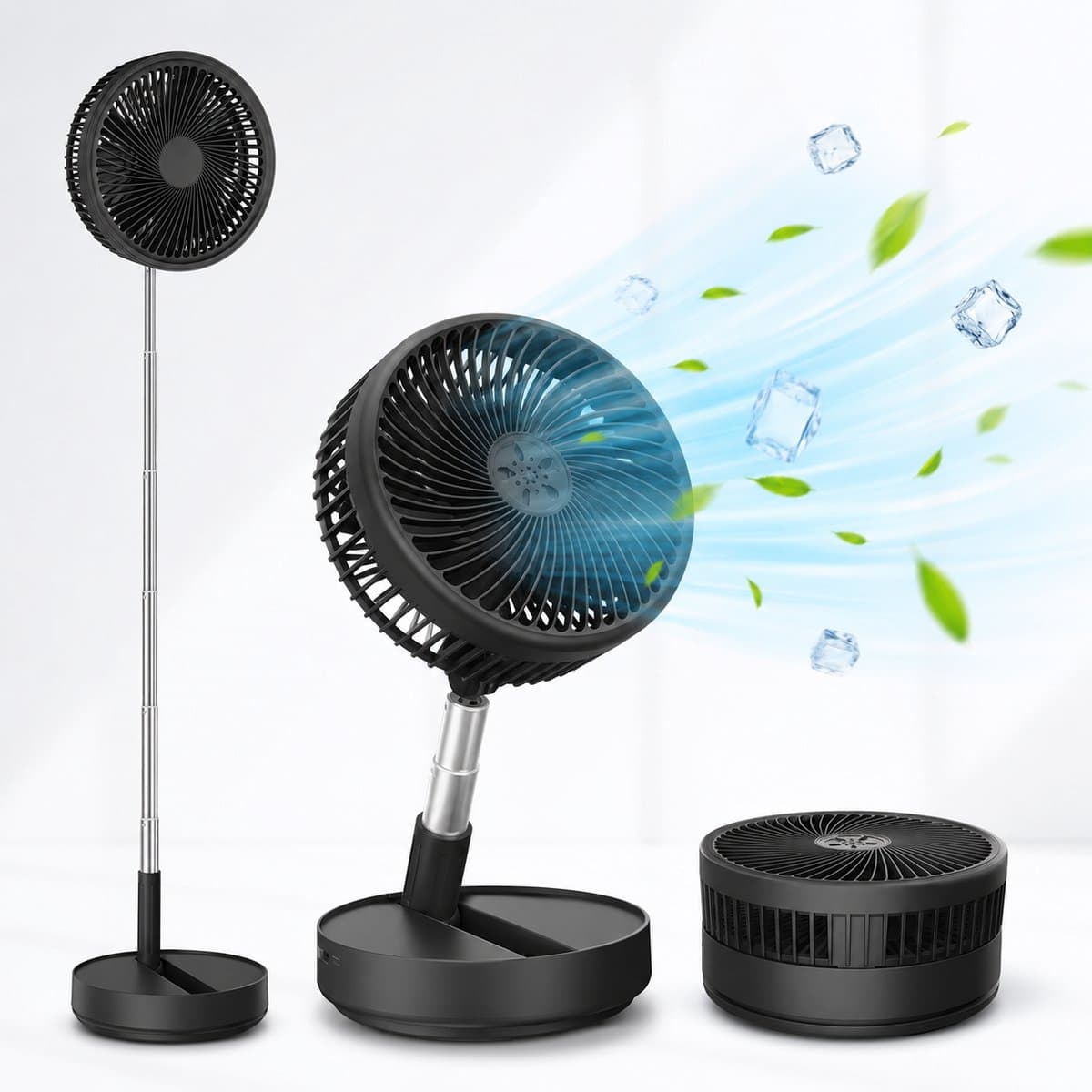 3-1 Ventilator Staand - Tafelventilator - Vloerventilator USB-C - 4 Standen - Draadloos en Geluidloos Fluisterstil - Fans - Staande Mini Ventilator - Kleine Statiefventilator - Aircooler - Mobiele Airco - 19,5 x 19,5 x 2,5 cm - zwart — afbeelding 1