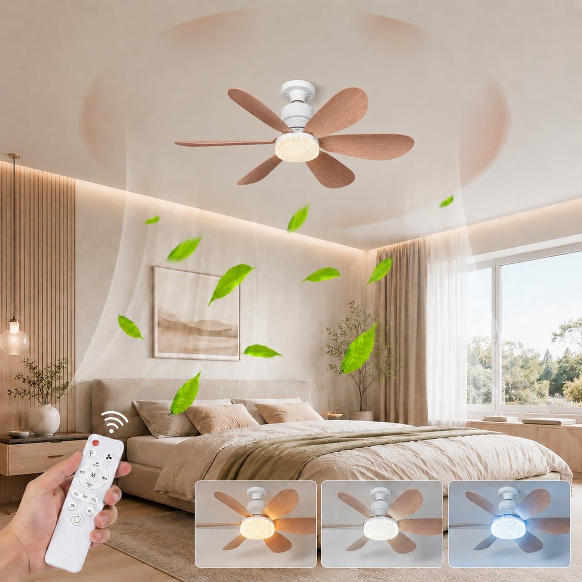 MUPOO Houtlook Plafondventilator met verlichting E27 - 3 Kleurstanden - Dimbaar & Plug & Play - Stil & Geheugenfunctie- Ventilator lamp Voor Slaapkamer & garage — afbeelding 1