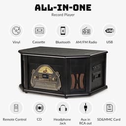 ORCC 10-in-1 Platenspeler Vintage met Bluetooth – Vinyl Platenspeler met USB, CD, SD, AUX, RCA, Ingebouwde Stereo Speakers, Afstandsbediening en 33/45/78 RPM – Houten Retro Record Player — thumbnail 3