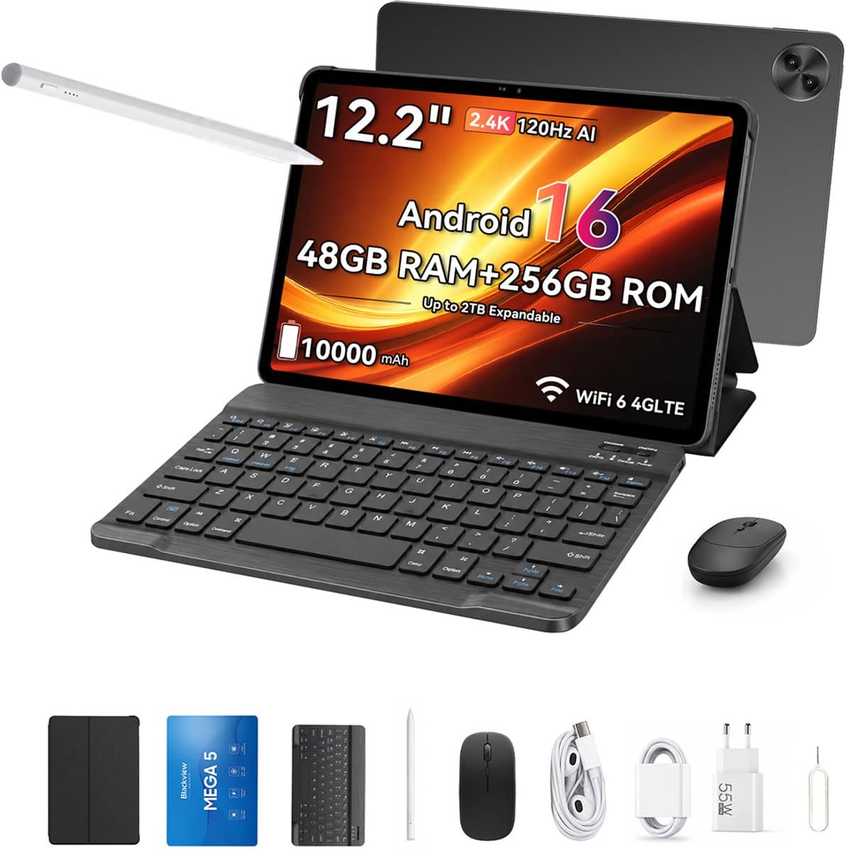 Blackview MEGA 5 Tablet - 12.2 inch - 48GB RAM - 256GB ROM - 10000mAh - Android 16 - Grijs — afbeelding 1