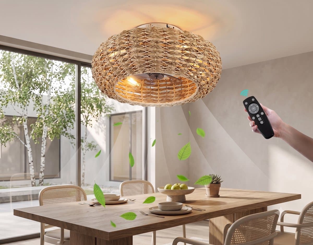 Vintage Plafondventilator met Verlichting & Afstandsbediening – Bamboe & Rotan Design [Energieklasse D] — afbeelding 1