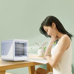 Luchtkoeler - Mobiele airco zonder afvoerslang, mini-luchtkoeler met waterkoeling, stille USB-C-ventilator, 4 snelheden, draagbare luchtkoeler voor slaapkamer, kantoor en auto, tafelventilator, compact（blauw） — thumbnail 3