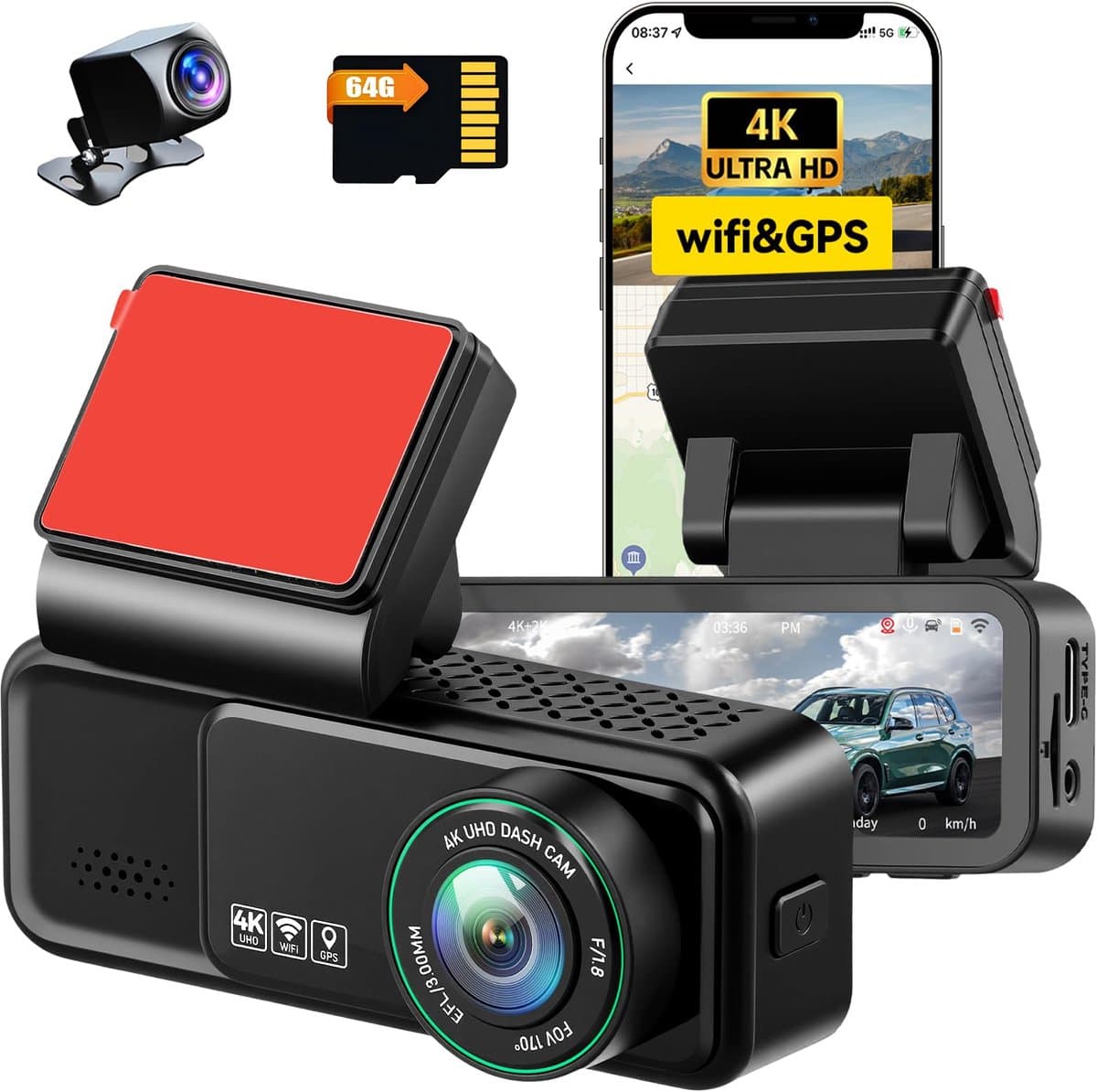 Dashcam auto camera 4K + 2K - dual display IPS 3 inch - met app en wifi - veilig autorijden - ShopVlot — afbeelding 1