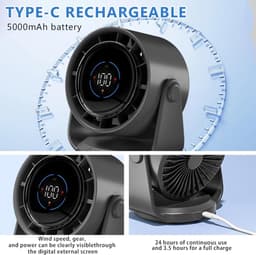 Bureauventilator, 5000mAh batterij, LED-display, 1-199 snelheden en 105° draaibare kop, krachtige luchtstroom, wandventilator voor kantoor, thuis, slaapkamer en keuken — thumbnail 2