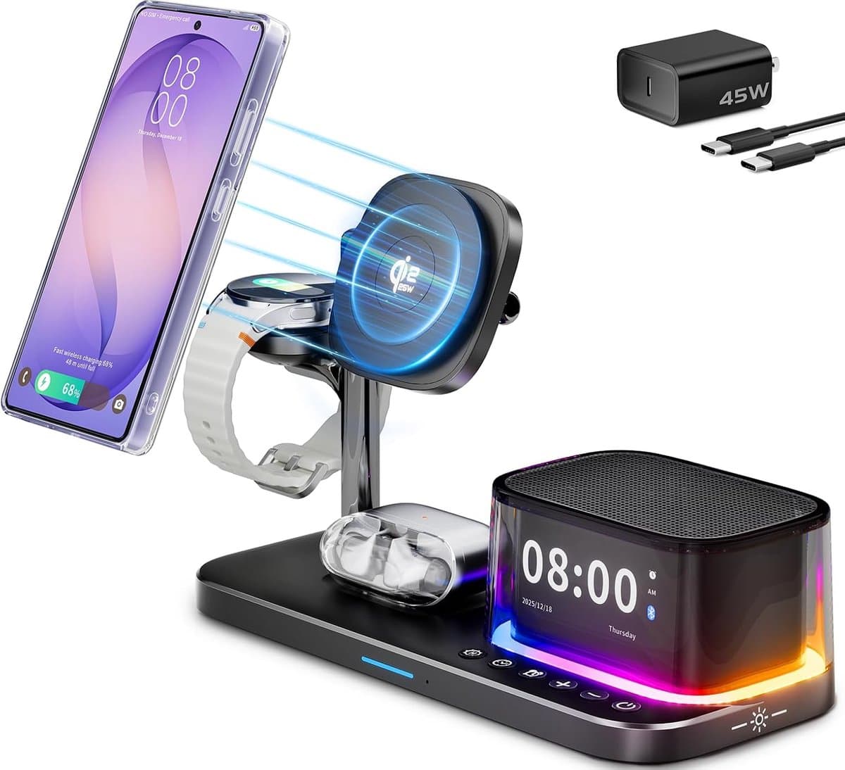 Qi2.2 25W 6-in-1 magnetisch laadstation geschikt voor Samsung, wekker | nachtlampje, Bluetooth-luidspreker, snelle draadloze oplader met MagSafe-standaard voor Z Fold 8 Ultra/Fold8 Wide/S26 Ultra/Watch Ultra2 — afbeelding 1