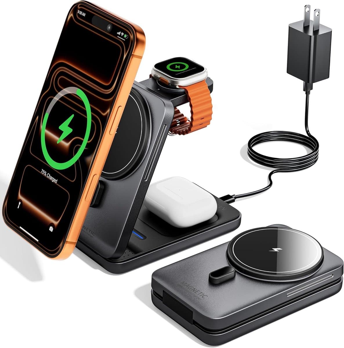 Opvouwbaar 3-in-1 laadstation geschikt voor MagSafe, reisoplader voor telefoon en horloge van Apple, PD20W draadloos laadstation voor meerdere apparaten zoals iPhone 17 16 15 14 13 12 Series/Apple Watch/Airpods — afbeelding 1
