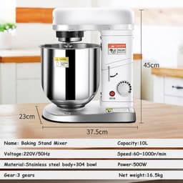 Deegmixer Staande Mixer - Keukenmachine Kneedmachine - Bakken en Koken - Krachtige 500W Motor - 10 Liter Kom - Zilver — thumbnail 2