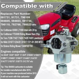 Carburateur voor Grasmaaiers - Compatibel met Craftsman LT1000 - Reserveonderdeelnummers 594593/594605 - Geschikt voor Toro 71286/71427 - 20 pk/21 pk Motor - Brede Compatibiliteit - Motorcarburateur — thumbnail 3
