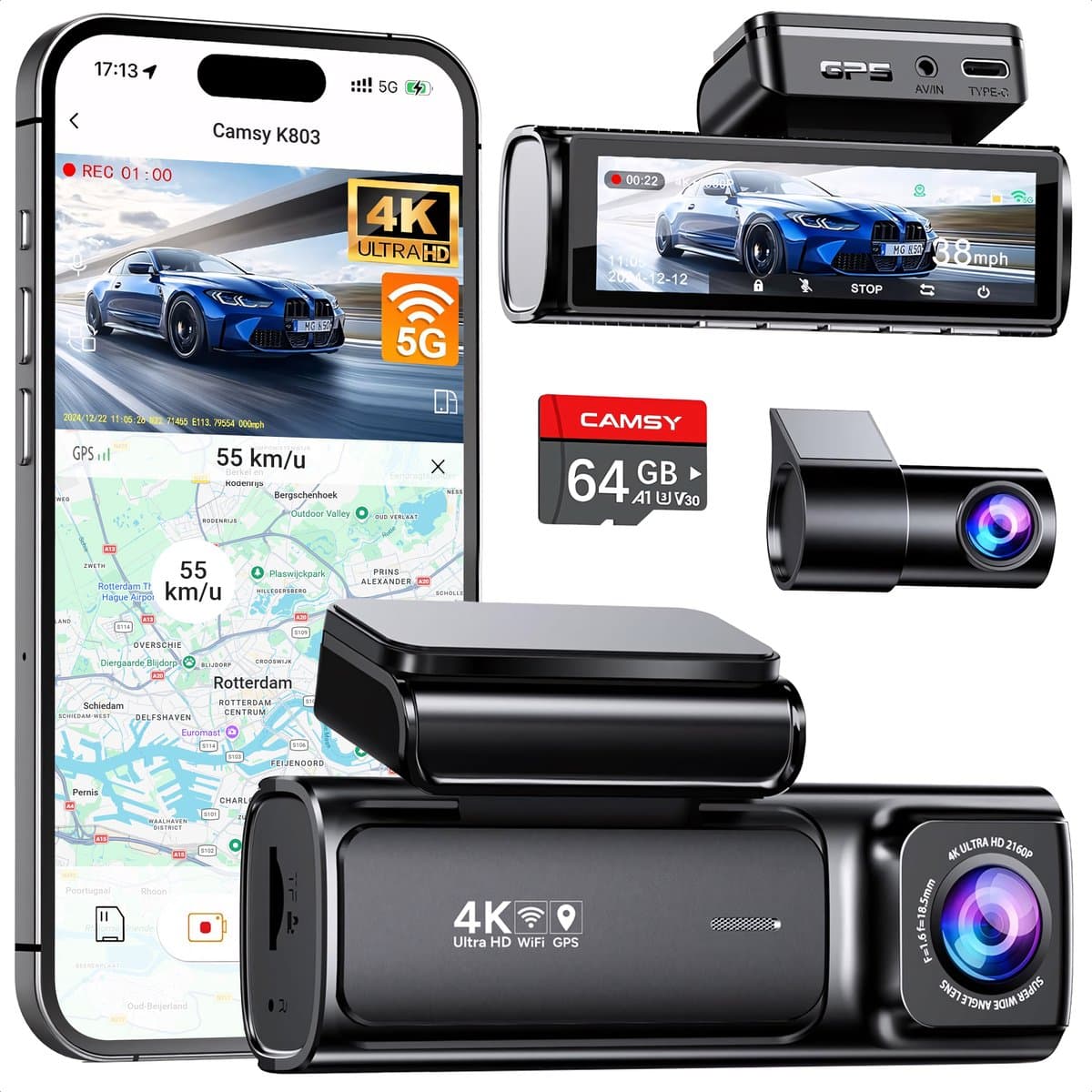 Camsy K803 Dual Dashcam voor auto - 4K & 1080p - Voor en achter Camera - WiFi en Gps - 3,59 inch LCD met App - Sony Sensor - Nachtzicht - Parkeerbewaking - G Sensor - Loop opname — afbeelding 1