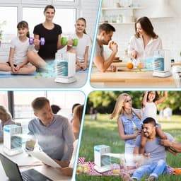 Draagbare airconditioner met ventilator, oplaadbare, draadloze verdampingskoeler, op batterijen werkende bureauventilator met handvat, 3 windsnelheden, geschikt voor kleine kamers, kantoren en studentenkamers, wit. — thumbnail 4