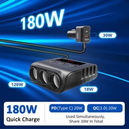SnelShoppen - 180W Multi Socket Sigarettenaansteker Adapter 9-in-1 met 6 USB Poorten, PD 3.0 en QC3.0, LED Schakelaar, Ideaal voor Auto, GPS, Smartpho — thumbnail 5