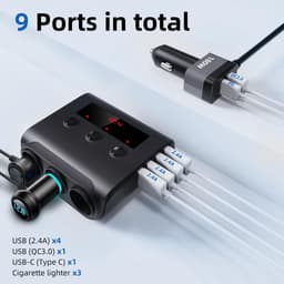 SnelShoppen - 180W Multi Socket Sigarettenaansteker Adapter 9-in-1 met 6 USB Poorten, PD 3.0 en QC3.0, LED Schakelaar, Ideaal voor Auto, GPS, Smartpho — thumbnail 2
