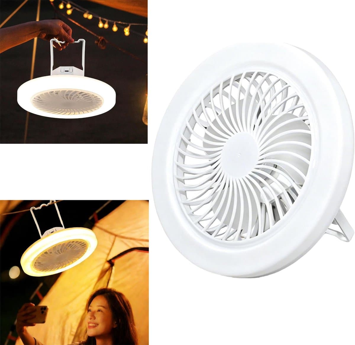 Campingventilator met lamp - 23×9cm - Met afstandsbediening - Verstelbare verlichting (driekleurig) - USB oplaadbaar - Ventilator & lamp gecombineerd - Kan staand of hangend worden gebruikt - Eenvoudig in gebruik - Wit — afbeelding 1