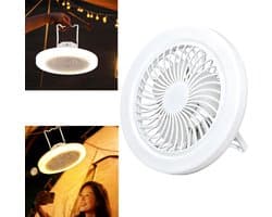Campingventilator met lamp - 23×9cm - Met afstandsbediening - Verstelbare verlichting (driekleurig) - USB oplaadbaar - Ventilator & lamp gecombineerd - Kan staand of hangend worden gebruikt - Eenvoudig in gebruik - Wit