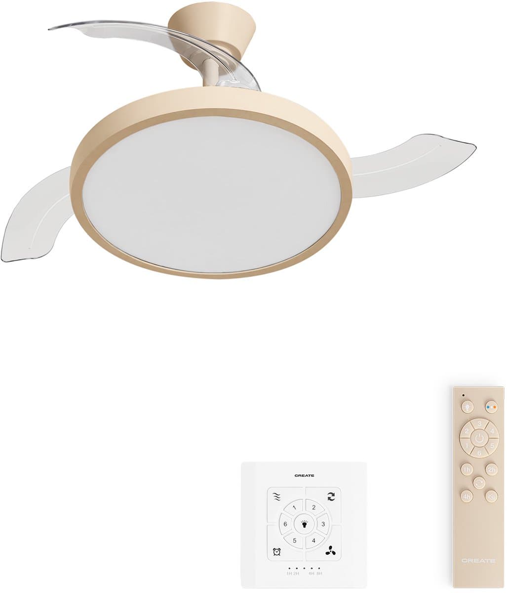 CREATE - Plafondventilator 40W stil met intrekbare bladen met licht - Ø108cm - Zand - Controller voor wandmontage + afstandsbediening - WIND CLEAR STUDIO — afbeelding 1