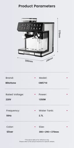 BlitzHome CM5710 Espressomachine Volautomatische met Geïntegreerde Koffiemolen, Dual Boiler, Melkopschuimer, Heet & Koud, Touchscreen Bediening, Snelle Bereiding, EU-Stekker — thumbnail 5