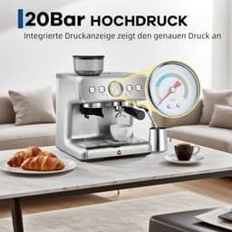 Professionele Pistonmachine met Bonenmaler en Melkopschuimer - Espressomachine met Drukmeter - 20 Bar - 2.8 Liter - Voor Espresso & Cappuccino — thumbnail 4