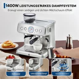 Professionele Pistonmachine met Bonenmaler en Melkopschuimer - Espressomachine met Drukmeter - 20 Bar - 2.8 Liter - Voor Espresso & Cappuccino — thumbnail 2