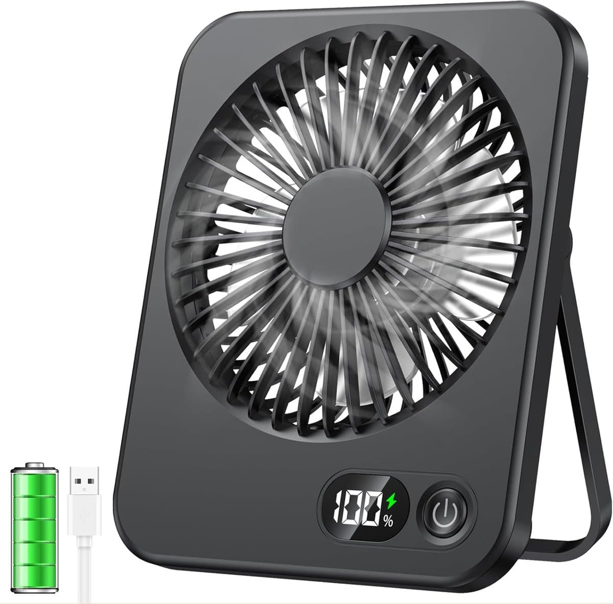 VHV - Ventilator - Tafelventilator - Mini ventilator - Tafelventilator met USB-aansluiting - Klein formaat - 2500 mAh batterij - Stille mini-tafelventilator met LED-display - Draagbare bureauventilator - Voor thuis - Kantoor en kamperen - Zwart — afbeelding 1