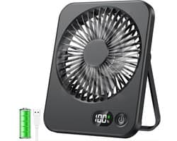 VHV - Ventilator - Tafelventilator - Mini ventilator - Tafelventilator met USB-aansluiting - Klein formaat - 2500 mAh batterij - Stille mini-tafelventilator met LED-display - Draagbare bureauventilator - Voor thuis - Kantoor en kamperen - Zwart