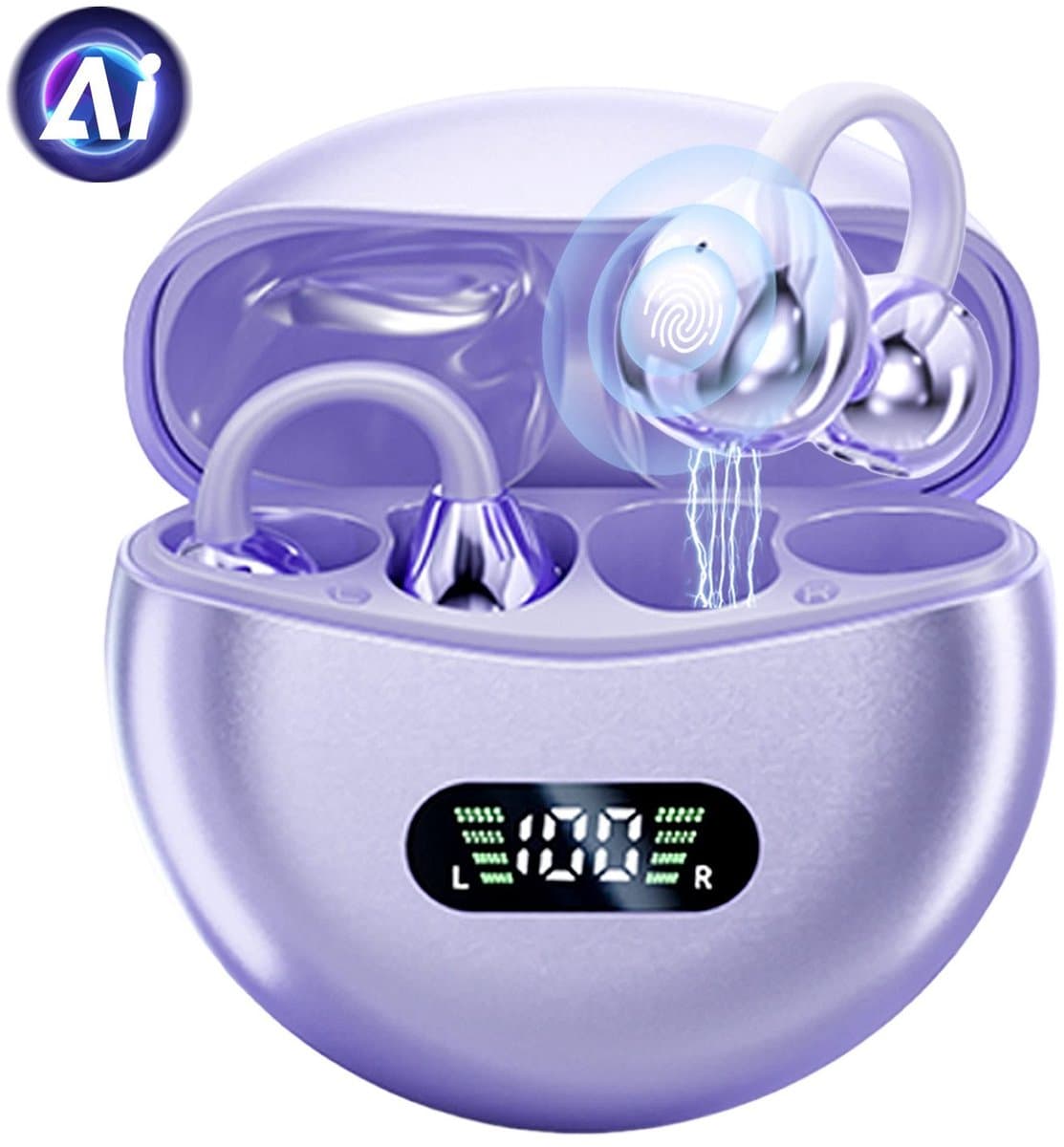M79 - Open Ear Oortjes - Oortjes Draadloos - Sport Oordopjes - AI vertaalfunctie - 5.4 Bluetooth - Clip On - 16 uur - Spatwaterdicht - IPX5 - Oorclips - Voor sport en kantoor - Paars — afbeelding 1