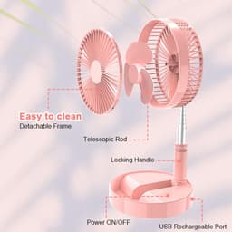 Statiefventilator-vloerventilator-tafel ventilator geluidloos-Opvouwbare tafelventilator met voet - Verstelbare hoogte, 3600mAh oplaadbaar, draagbaar, stil, opvouwbaar - Roze - 20x20x10,5 cm — thumbnail 2